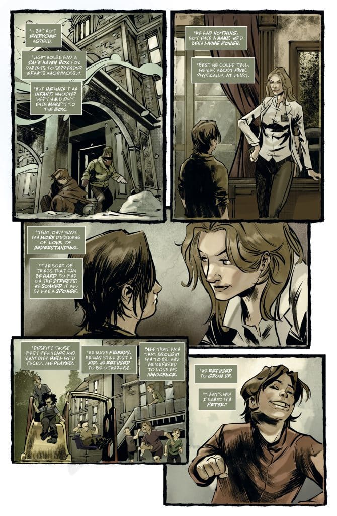 A comic strip depicting a narrative about a child named Peter, highlighting his challenging background and refusal to grow up. The panels include characters discussing his past and the hardships he faced, illustrated with a mix of somber and emotional expressions.