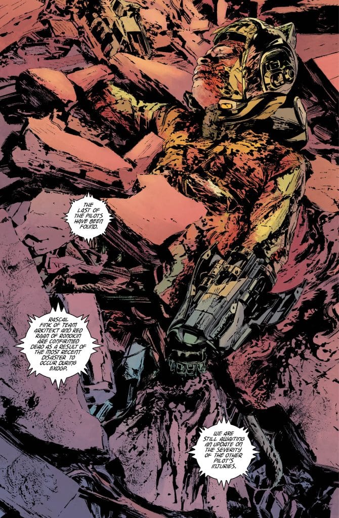 A decomposed pilot in a damaged space suit lies among debris, with various rubble and wreckage surrounding them. The image conveys a sense of loss and devastation, highlighted by text boxes discussing the fate of the pilots.