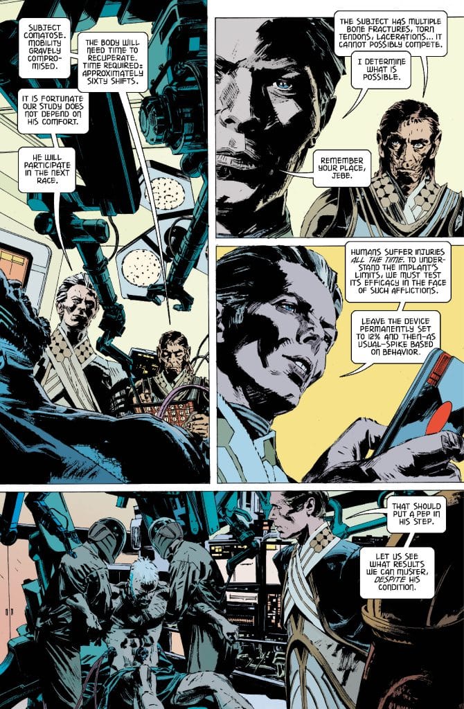 A comic book page featuring a sci-fi medical scene. The top panels show a worried figure discussing a comatose subject with various injuries and the need for recovery. The bottom panels depict medical personnel surrounding the injured individual, connected to advanced technology, as they prepare to test a device on him.