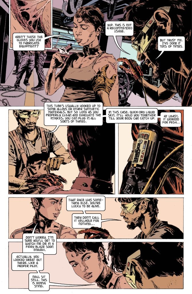 A comic panel depicting a conversation between two characters: one is working with machinery while the other, a female figure, discusses safety and equipment. Close-up details of futuristic tools and a serious tone are present.