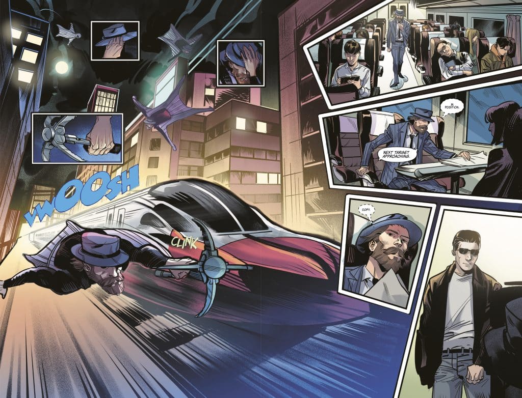 A dynamic comic book scene featuring a character in a hat and suit using a device while gliding past a futuristic car, set against a nighttime urban backdrop.