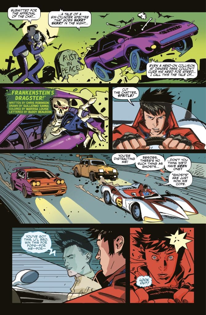 A comic page featuring a dramatic racing scene with colorful cars, including a purple one and a sleek, white racing car. Characters discussing ghosts and racing excitement, with a graveyard in the background.