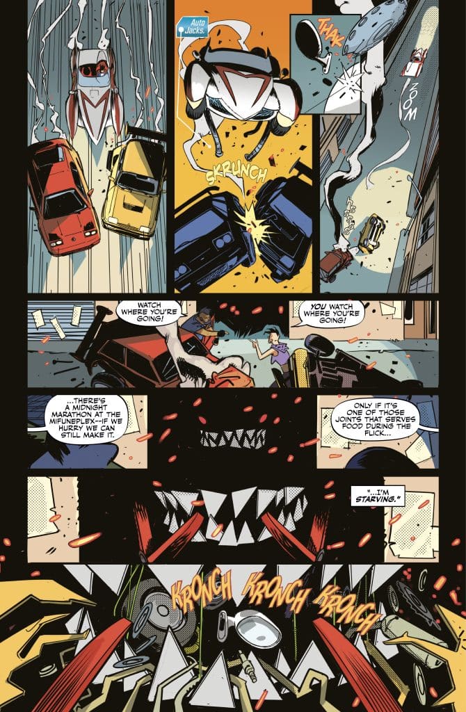 A comic book panel featuring a chaotic car chase scene with colorful vehicles, comic sound effects like 'SKRUNCH' and 'KRONCH', and characters visibly expressing concern amidst the action.