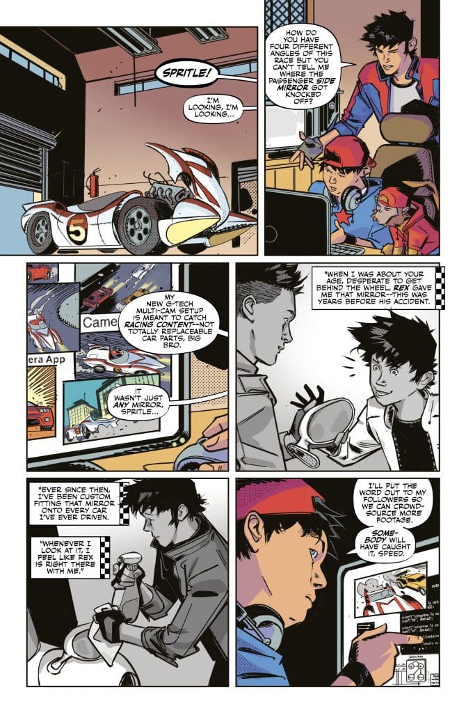 A comic panel featuring a conversation between two characters about a racing incident. One character, looking at a car part, discusses the significance of a special mirror. The other character, shown in a cap, addresses the first character while sitting at a computer. There's a race car displayed in the background.