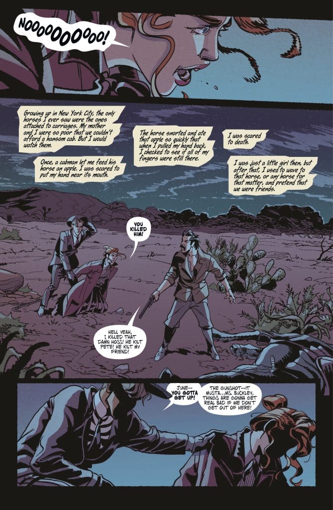 A dramatic comic panel showing a distressed woman shouting 'Noooooo!' while standing over a body. Another character in period clothing holds a gun, sharing a tense exchange about a shooting incident. The background features a rocky, desert-like landscape with cacti.