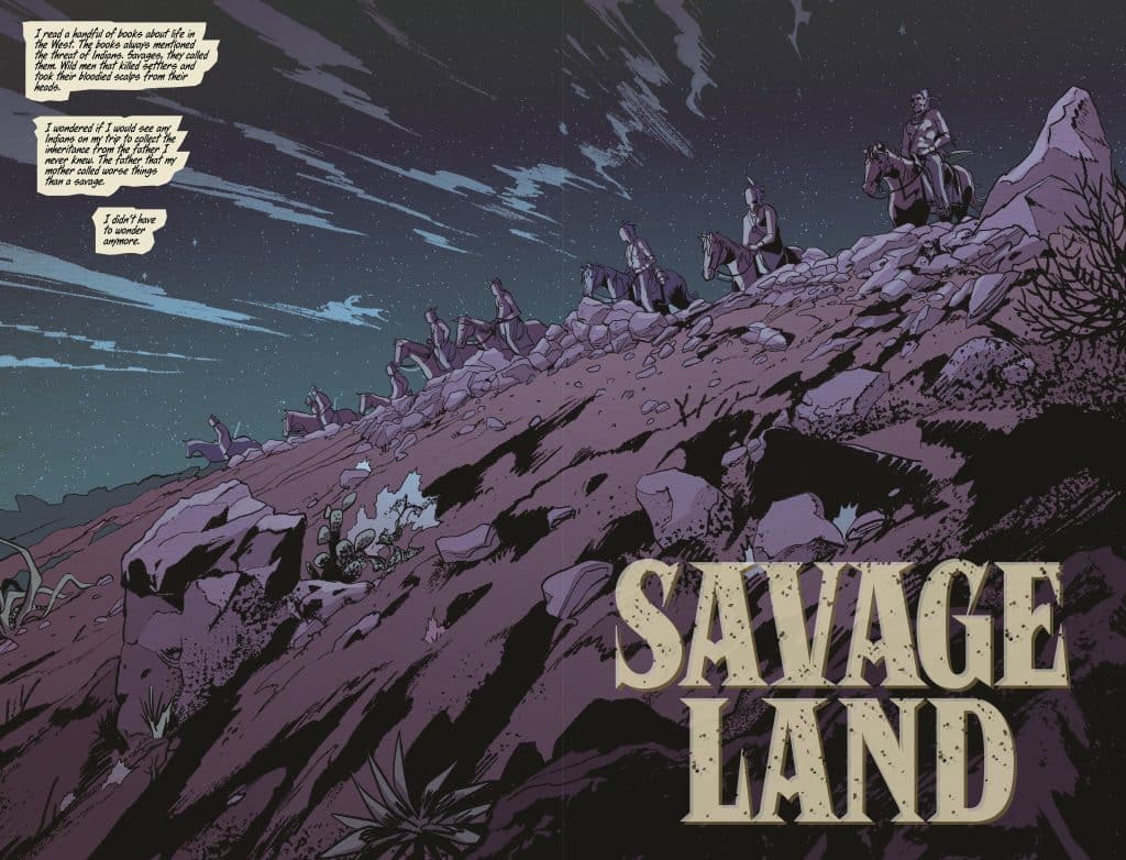 A comic book page depicting a rocky landscape at night with a group of mounted figures on a hill. The sky is filled with stars and clouds, and the title 'SAVAGE LAND' is prominently displayed at the bottom.