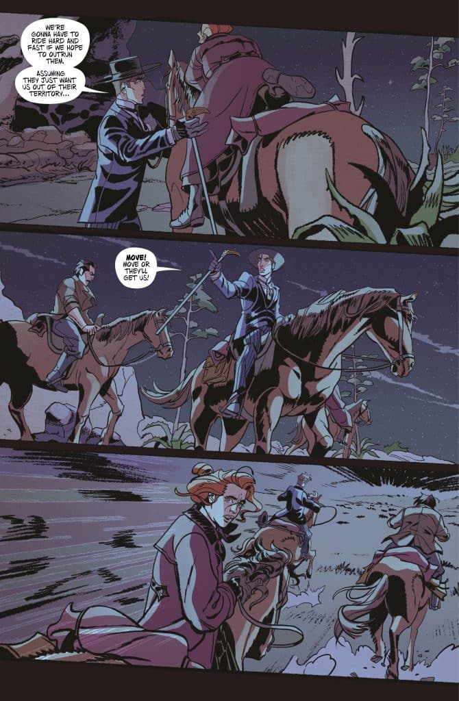 A comic page depicting two riders on horseback in a twilight setting. One rider, wearing a hat, is instructing another to ride hard and fast for safety. There is tension as they are urged to move quickly to avoid danger, while a third character looks anxious.