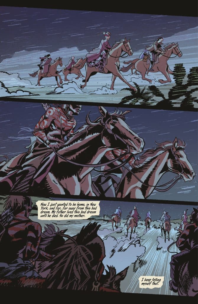 A comic panel showing a group of riders on horseback, moving through a snowy landscape at night. The top panel features a man and women riding together, while the bottom panels depict a more intense scene with a figure in traditional attire. Dialogue about longing for home is included.