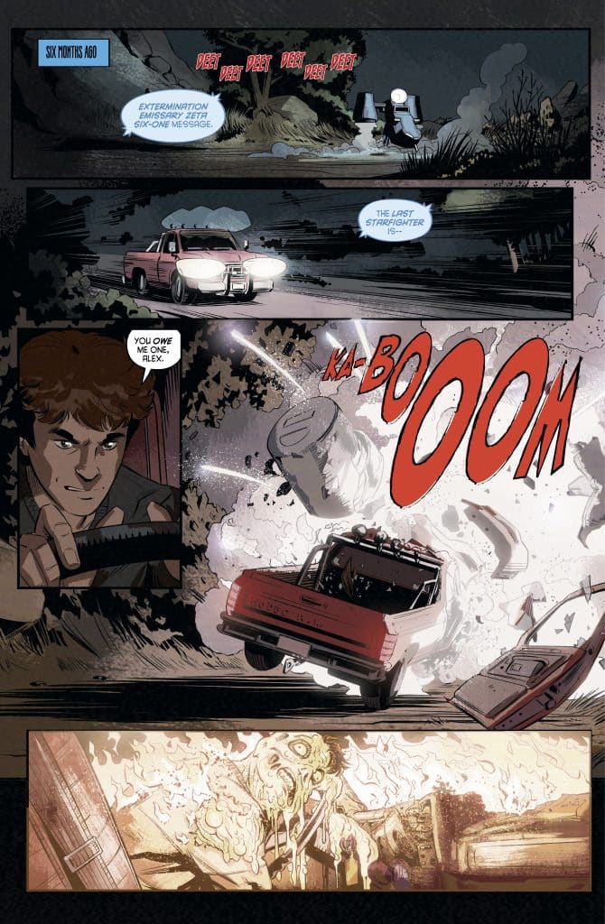 A comic panel depicting a red truck speeding away from an explosion, with dialogue suggesting urgency and confrontation. Inset panel shows a character holding a weapon, and another panel reveals a grotesque figure engulfed in flames.