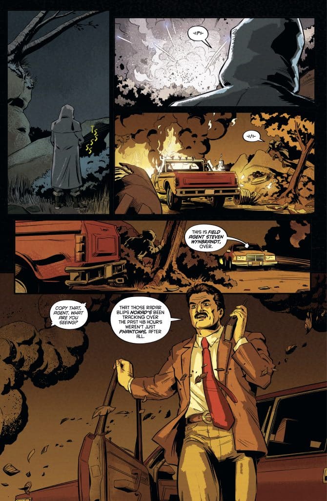 A comic book panel depicting a hooded figure standing in front of an explosion and a burning car. A man in a suit is talking on a radio with a concerned expression, referencing radar blips and phantoms.