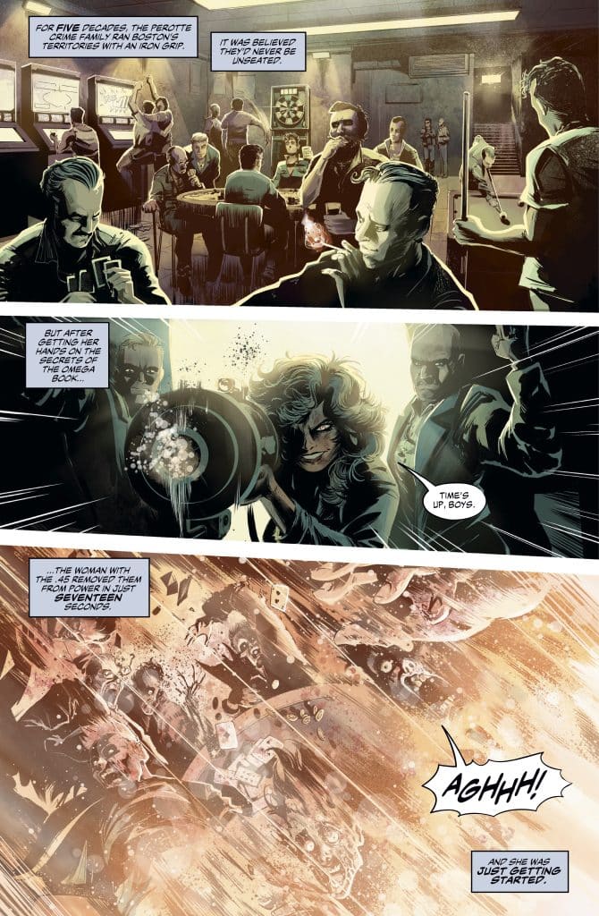 A comic panel depicting a crime scene with members of the Perotte crime family around a table, looking tense. A powerful woman is aiming a large weapon with a fierce expression, while chaos unfolds around her.