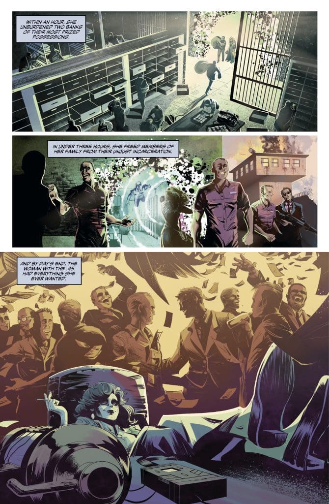 A comic panel showing a woman breaking into two banks, highlighting chaos with characters in motion and a focus on her determination.
