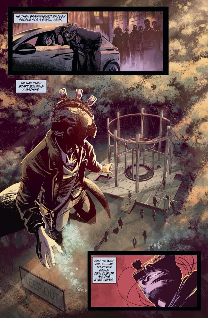 A comic panel depicting a sinister character with a machine on his head standing over a futuristic structure, while a group of shadowy figures observes in the background. Dialogue boxes narrate his brainwashing actions and a moment of triumph.