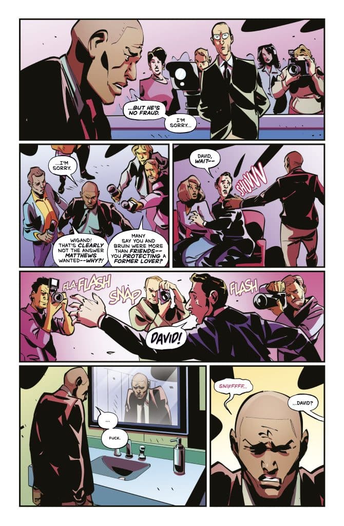 Comic panel depicting a tense scene with several characters discussing a man named David, who appears distressed. Photographers are taking pictures, while one character is shown reflecting in a mirror with a troubled expression.