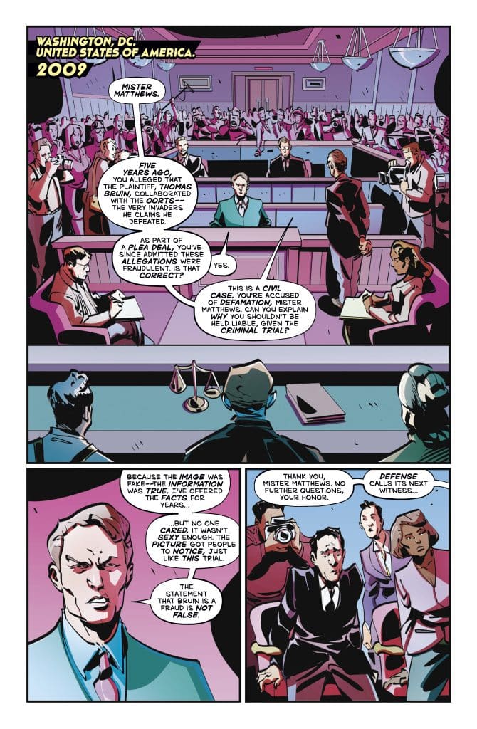 A courtroom scene with a judge and lawyers discussing a defamation case. Mister Matthews is on trial providing his defense, while the audience, including photographers, observes. The atmosphere is tense, with various characters engaged in a legal discourse.