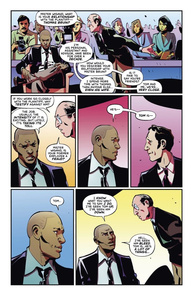 A comic-style image depicting a courtroom scene with a diverse group of characters engaged in a tense conversation. A man in a suit, identified as Mister Wigand, discusses his close relationship with a plaintiff named Thomas Bruin while under questioning. Other characters, including lawyers and observers, appear focused on the proceedings.