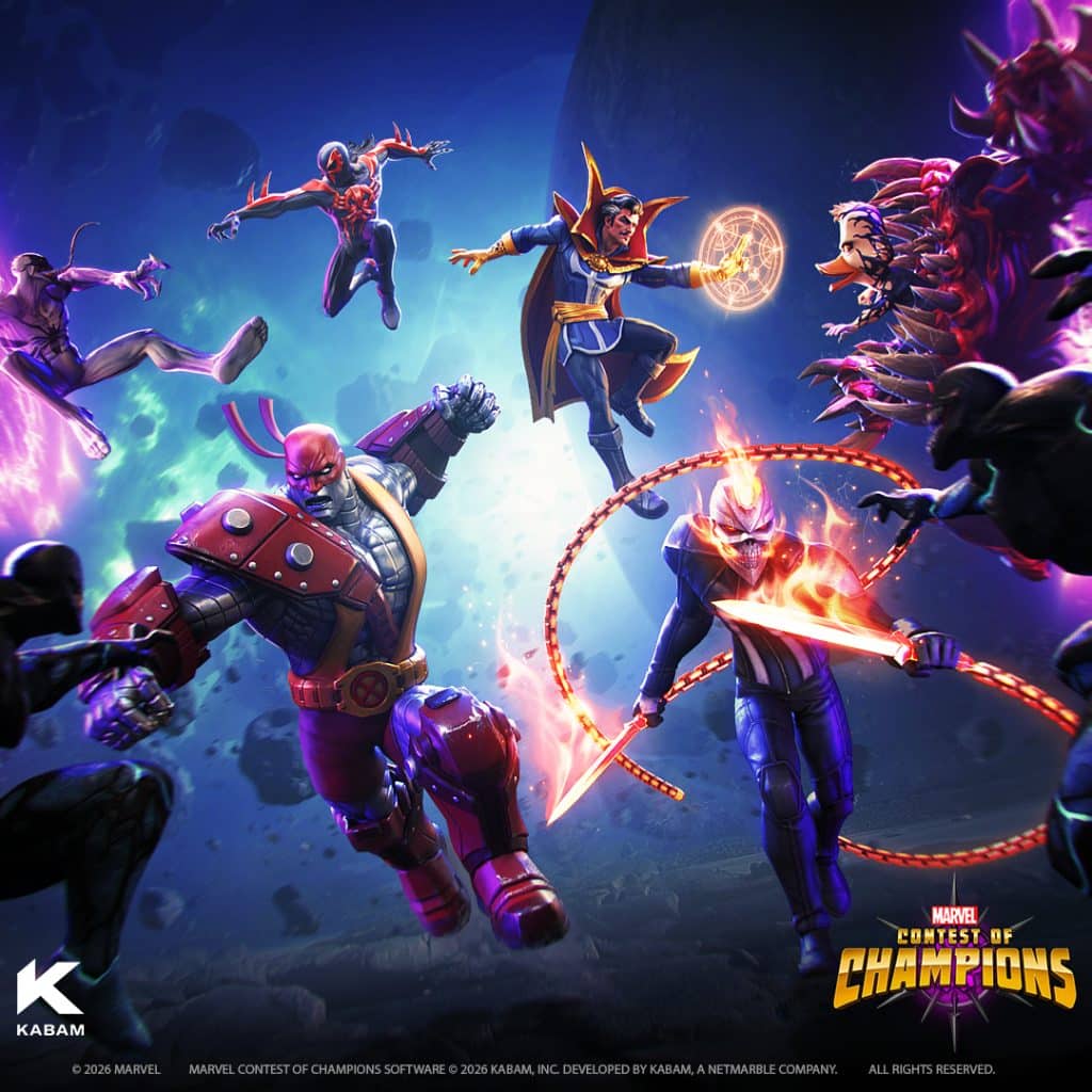A vibrant scene featuring various superheroes and villains from the Marvel universe engaged in dynamic combat against a cosmic backdrop, showcasing characters with unique powers and abilities.