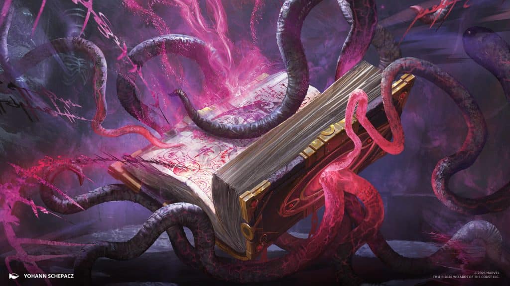 An ancient, ornate book surrounded by twisting, colorful tentacles and mist, suggesting a magical or mysterious theme.