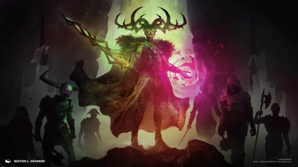 A powerful sorceress stands at the center, surrounded by shadowy figures, wielding a glowing orb of magic. The atmosphere is dark and mystical, with vibrant colors illuminating the scene from behind, suggesting an ominous setting.