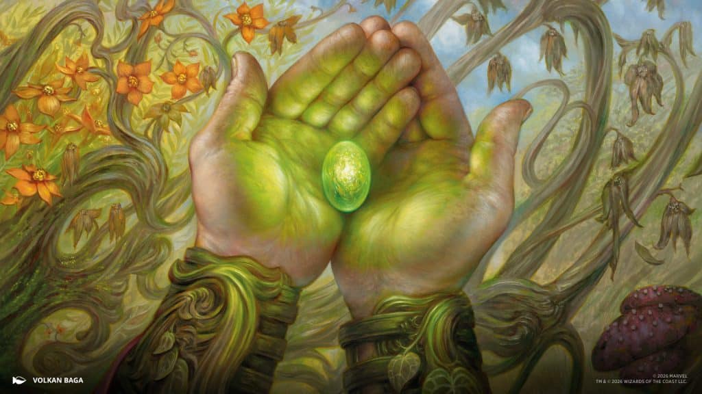 A pair of hands with green skin cradling a glowing green egg, surrounded by vibrant flowers and twisting plant vines.