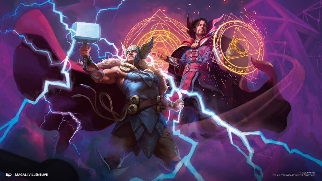 Thor wielding Mjolnir and Doctor Strange casting spells amidst a stormy background filled with lightning and mystical symbols.