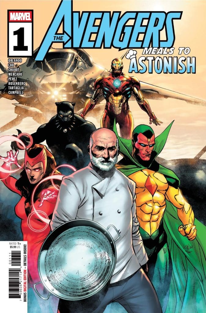 Cover of 'The Avengers: Meals to Astonish #1' featuring a chef holding a cooking pot in the foreground, with Iron Man, Black Panther, Scarlet Witch, The Vision, and other Avengers in the background.