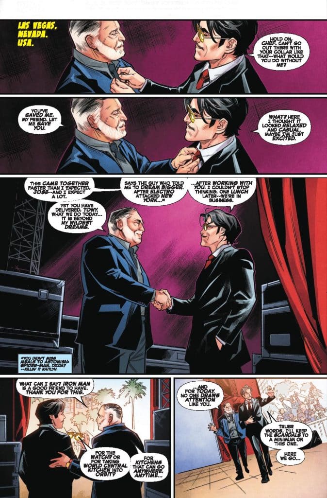 A comic book panel depicting two men shaking hands in a Las Vegas setting, with dialogue about dreams and business collaboration.