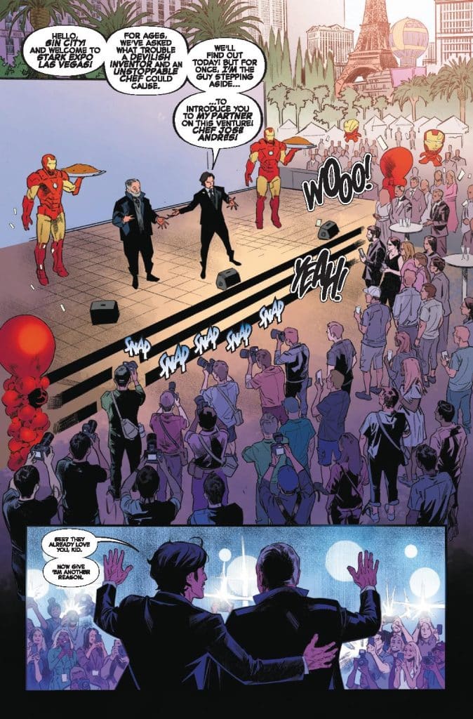 A comic book scene set in Las Vegas featuring Iron Man and a crowd on stage. A man in a black suit introduces Chef José Andrés at the event, with spectators cheering and taking photos.