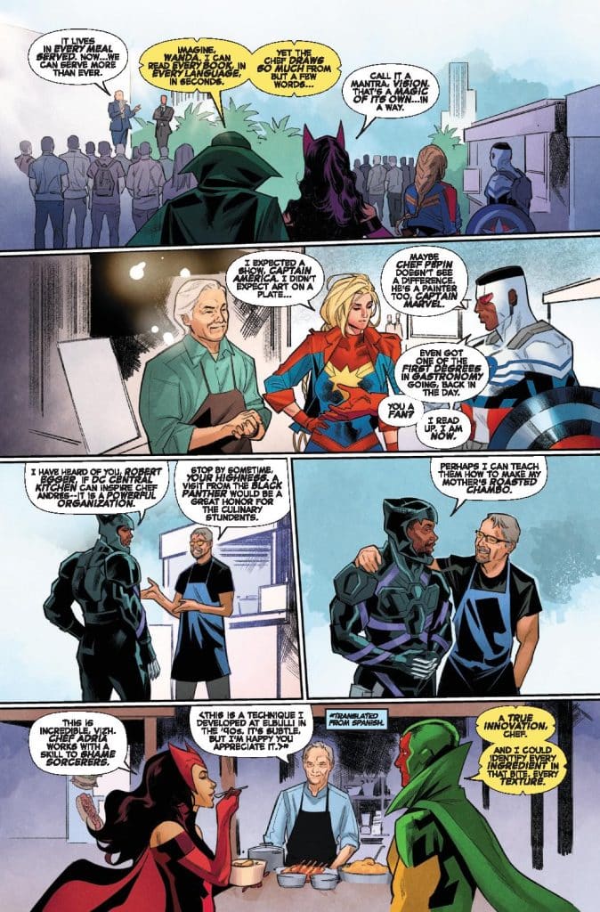 A scene depicting a group of superheroes and culinary experts engaging in a conversation about cooking and creativity, featuring a mix of characters in vibrant costumes discussing innovative culinary techniques.