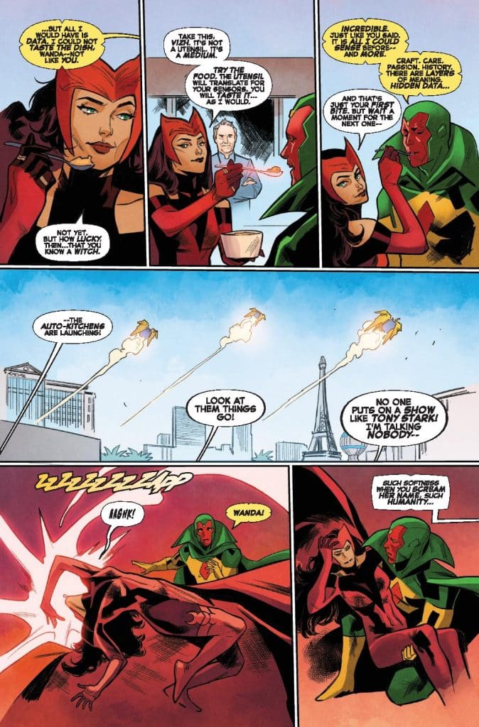 A comic panel featuring Scarlet Witch and Vision discussing kitchen tools and technology amidst a backdrop of launching auto-kitchens and an iconic skyline. Scarlet Witch appears in a red and black outfit, while Vision dons a green and yellow costume. Their expressions convey a mix of intrigue and concern.