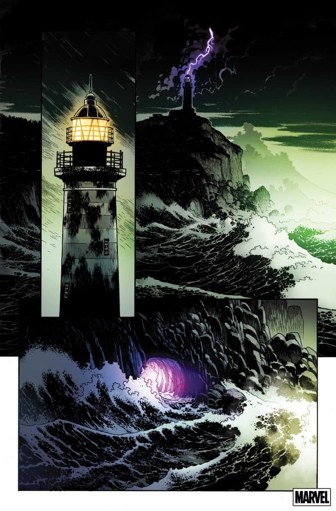 A dramatic comic-style illustration featuring two lighthouses atop rocky cliffs, surrounded by turbulent waves and stormy skies. One lighthouse emits a bright beacon while the other is struck by lightning.