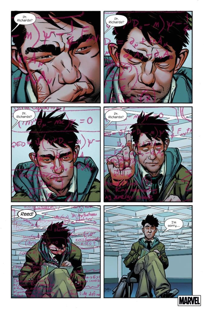 A comic panel showing a character deep in thought with mathematical equations and formulas scribbled on the walls and his face.