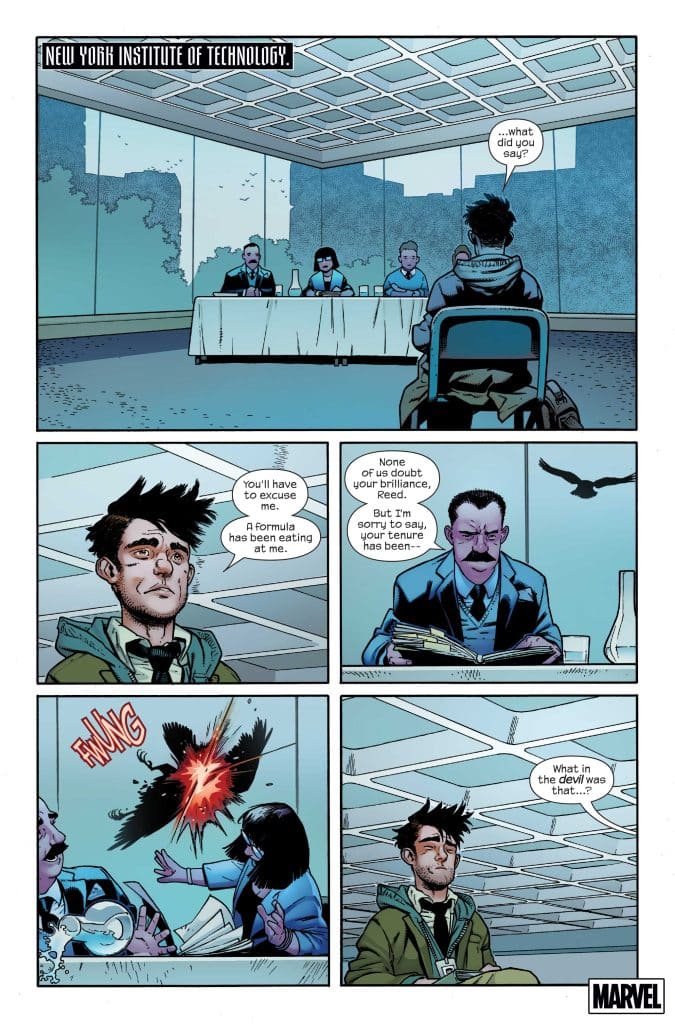 A panel from a comic depicting a young man being evaluated by a panel at the New York Institute of Technology, expressing concern about a formula affecting him.