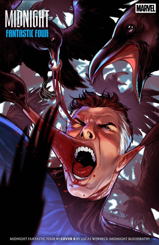 Comic book cover for Midnight Fantastic Four #2 featuring a dramatic scene of a character being attacked by raven-like creatures with sharp beaks.