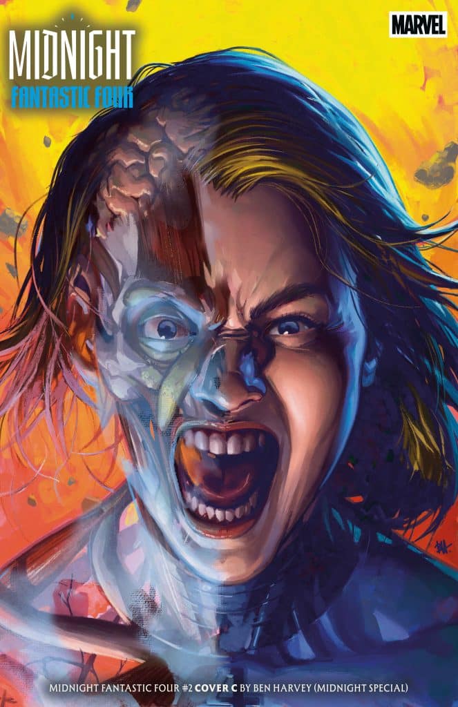 Cover art for 'Midnight Fantastic Four #2' featuring a half-human, half-mechanical character with an intense expression, showcasing vibrant colors and dynamic brushwork.