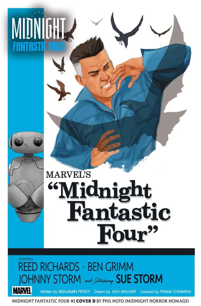 Comic book cover for 'Midnight Fantastic Four' featuring a superhero with a blue shirt and various flying creatures in the background. Includes character names Reed Richards, Ben Grimm, Johnny Storm, and Sue Storm.