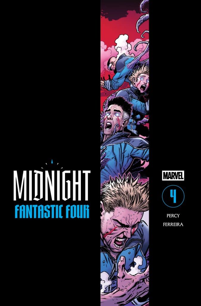 Cover of Midnight Fantastic Four #4 featuring characters in distress against a vivid red background with an ominous presence. The title and issue number are prominently displayed.
