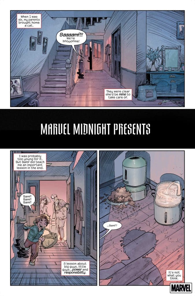 Comic panel depicting a young boy and two adults entering a house, with a cat in the scene and a humorous dialogue about responsibility.