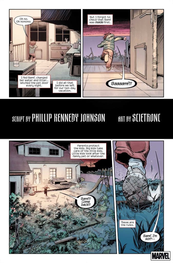 A comic panel featuring a child in a kitchen looking worried while another child runs outside, calling for their missing pet named Bamf. The scene captures a moment of concern before a family vacation.