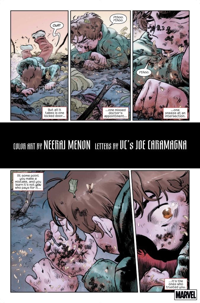 A comic panel depicting a distressed young man lying on the ground, covered in dirt and insects, with a somber expression. The surrounding environment features fallen leaves and trees, conveying a sense of unease and contemplation.