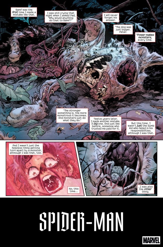 A graphic novel panel from Spider-Man featuring a dark, moody forest scene with a deceased creature, overtaken by vines and flowers, and Spider-Man reflecting on loss and responsibility, capturing a somber tone.