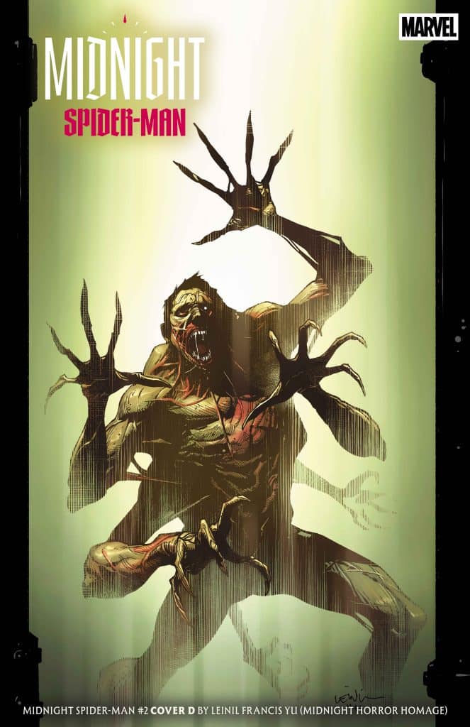 Comic book cover for 'Midnight Spider-Man #2' featuring a monstrous character with multiple arms and a fearful expression against a gradient background.