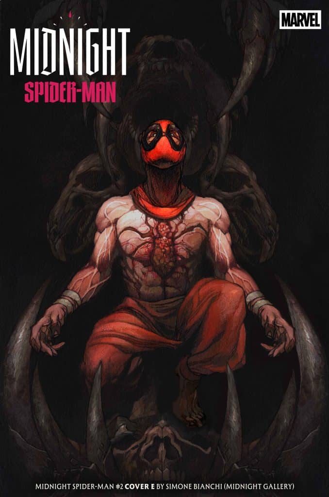 Cover art for 'Midnight Spider-Man #2' featuring a superhero character in an orange outfit and black mask, surrounded by menacing skulls and claws, illustrated by Simone Bianchi.