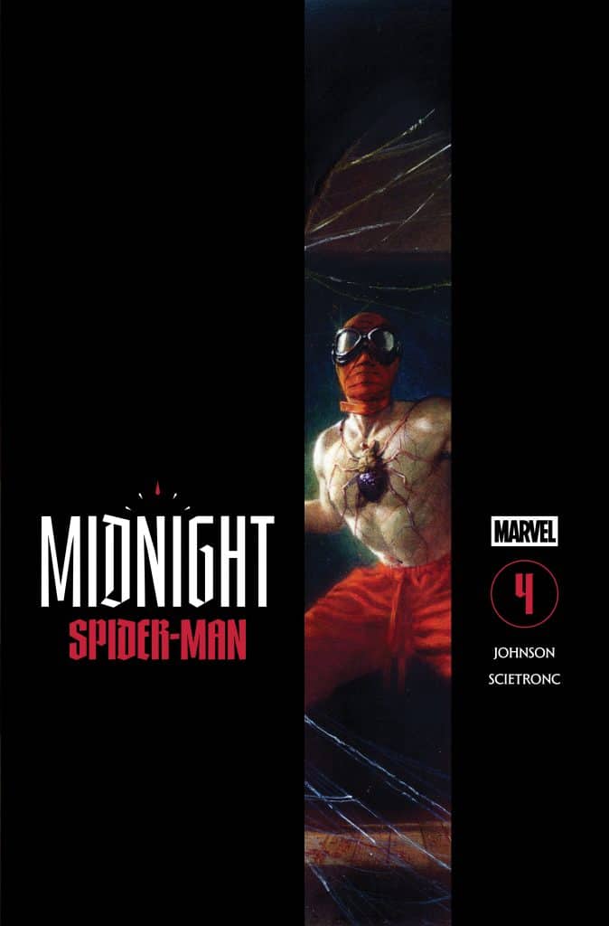 Cover art of 'Midnight Spider-Man' issue 4 depicting a masked character in goggles with a cracked surface and webbing in the background.