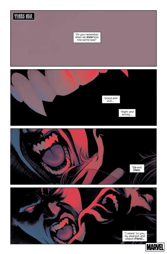 A comic panel showing two characters with intense expressions, one shouting and the other appearing distressed. The backdrop uses dark colors with red highlights, conveying a dramatic atmosphere. Text bubbles include dialogue about morality and friendship.