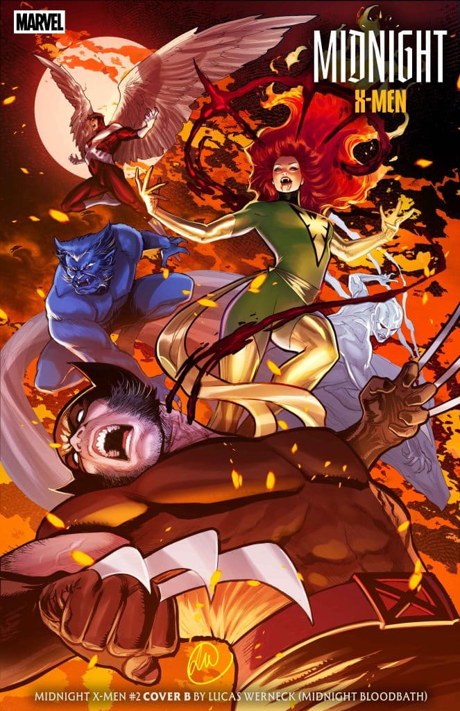Comic cover featuring characters from the X-Men series, including a fierce female character with red hair, a blue beast-like figure, and a winged character, set against a fiery background.