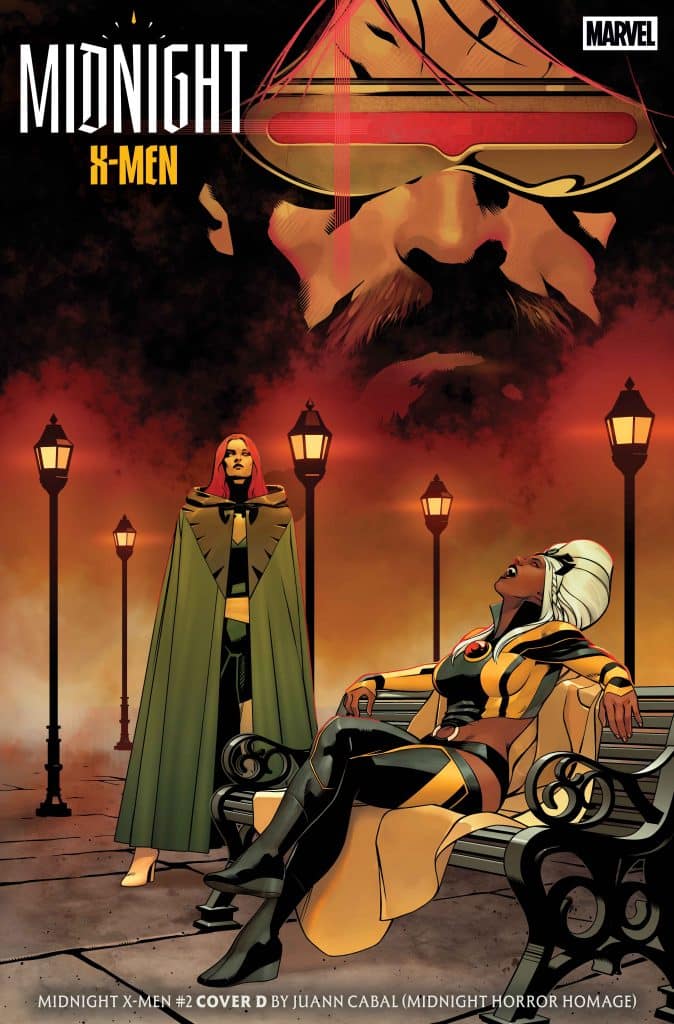 Cover art for Midnight X-Men #2 featuring two characters seated on a bench in a park lit by street lamps. One character, dressed in a superhero costume with a black and yellow color scheme, appears relaxed, while the other, cloaked in a green cape, stands nearby. In the background, a large shadowy face looms, adding a mysterious atmosphere.