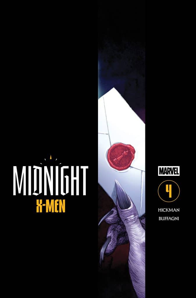 Cover of 'Midnight X-Men' issue 4 featuring a dark background, a hand holding a sealed envelope with a red wax seal, and the title and credits in bold typography.