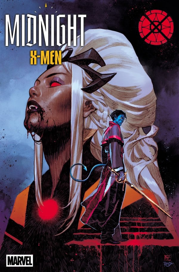 Comic book cover featuring characters from the Midnight X-Men series, showcasing a figure with white hair and red eyes, alongside another character holding a sword, set against a dramatic background.