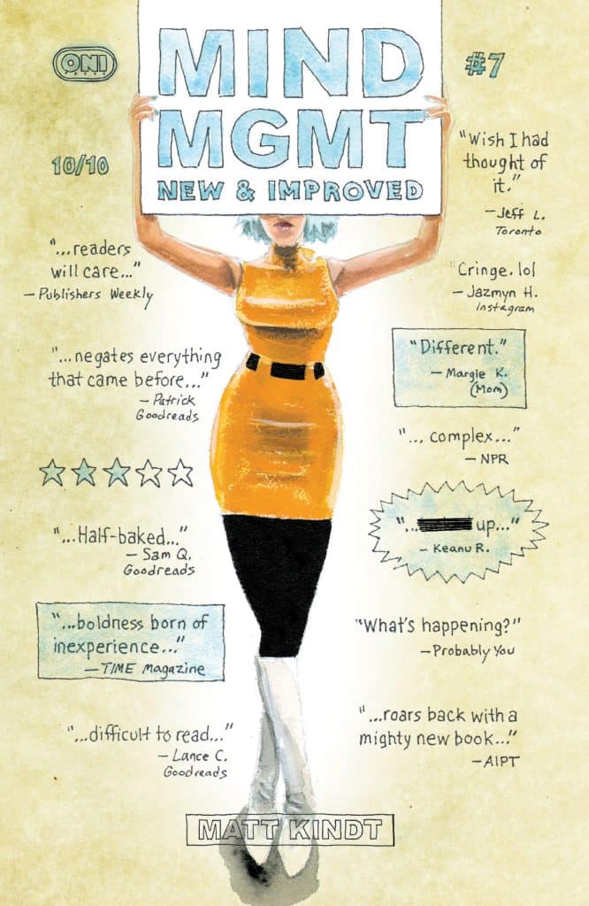 Cover of 'Mind Mgmt' issue #7 featuring a woman in a yellow dress holding a sign that reads 'MIND MGMT NEW & IMPROVED'. Various quotes and ratings are displayed around her.
